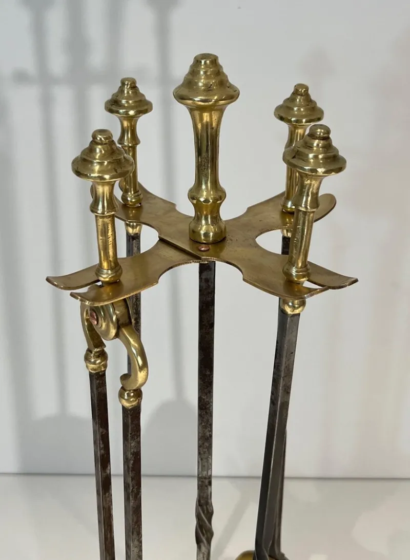 Pamono Brass and Brushed Steel Fireplace Tools with Stand attributed to the Maison Jansen, 1940s, Set of 5> Fireplaces And Mantels