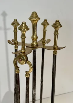 Pamono Brass and Brushed Steel Fireplace Tools with Stand attributed to the Maison Jansen, 1940s, Set of 5><noscript><img width=