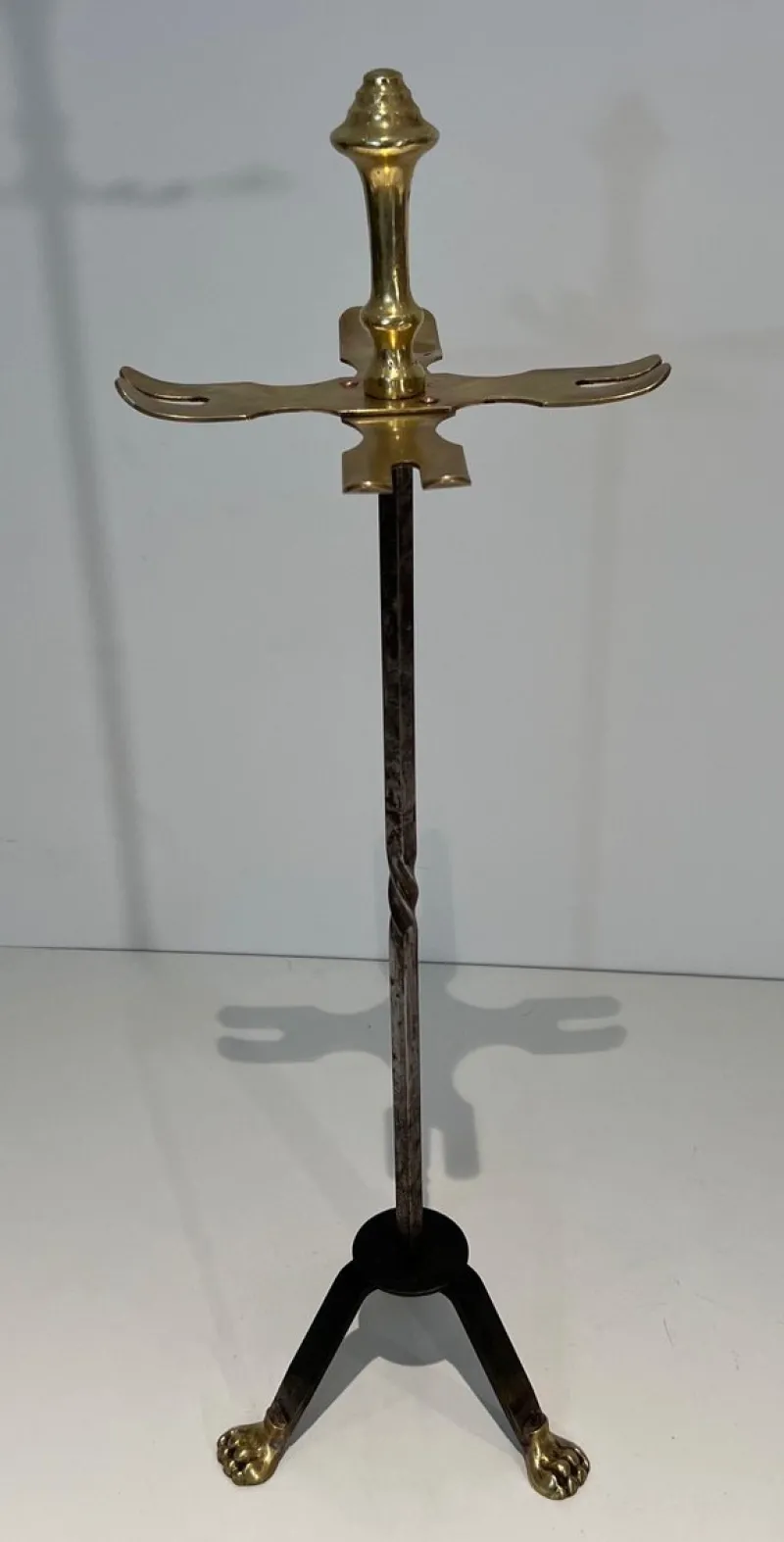 Pamono Brass and Brushed Steel Fireplace Tools with Stand attributed to the Maison Jansen, 1940s, Set of 5> Fireplaces And Mantels