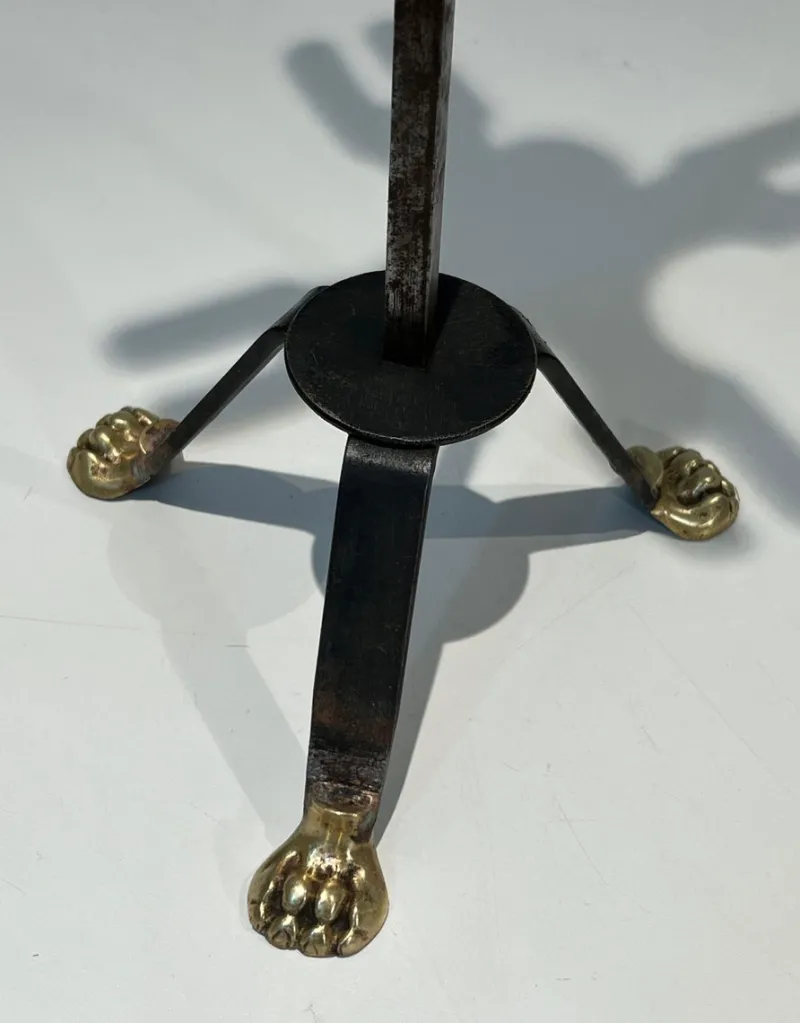 Pamono Brass and Brushed Steel Fireplace Tools with Stand attributed to the Maison Jansen, 1940s, Set of 5> Fireplaces And Mantels