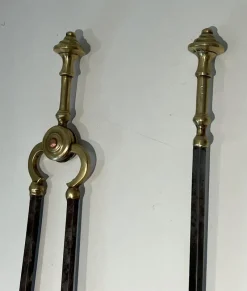 Pamono Brass and Brushed Steel Fireplace Tools with Stand attributed to the Maison Jansen, 1940s, Set of 5><noscript><img width=