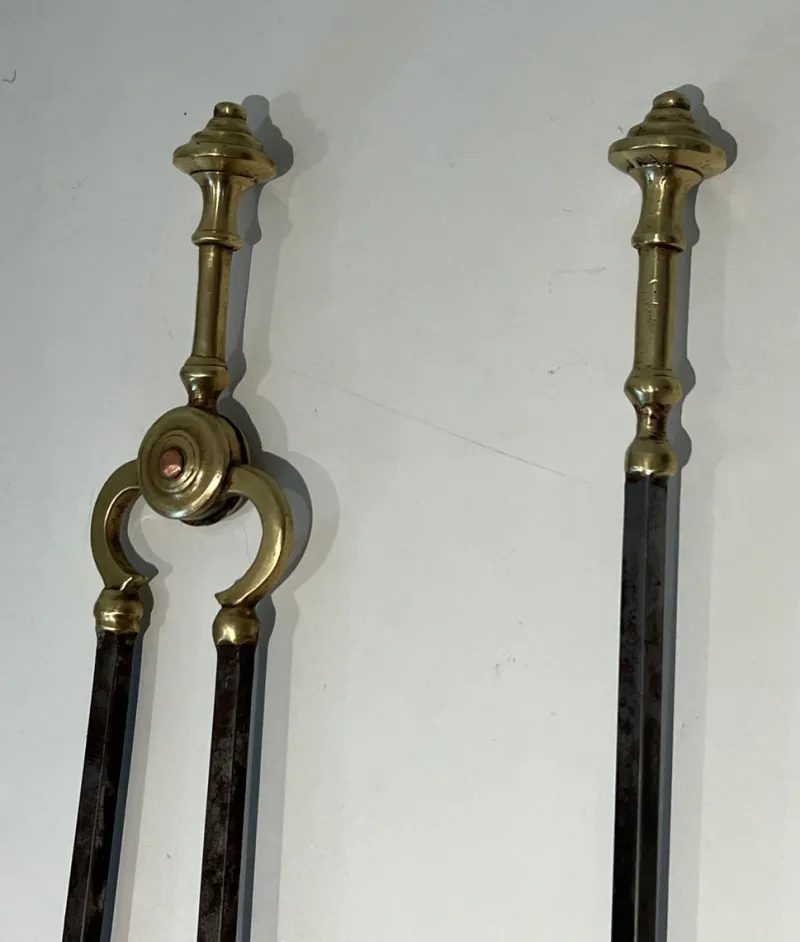 Pamono Brass and Brushed Steel Fireplace Tools with Stand attributed to the Maison Jansen, 1940s, Set of 5> Fireplaces And Mantels