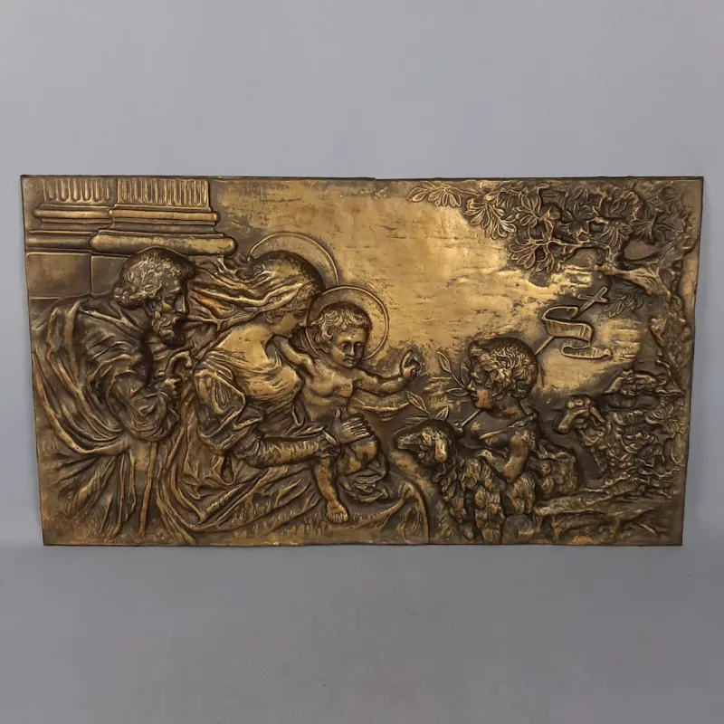 Clearance Pamono Brass and Embossed Sheet Metal High Relief Panel with Holy Family Painting, 1940s