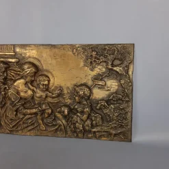 Clearance Pamono Brass and Embossed Sheet Metal High Relief Panel with Holy Family Painting, 1940s