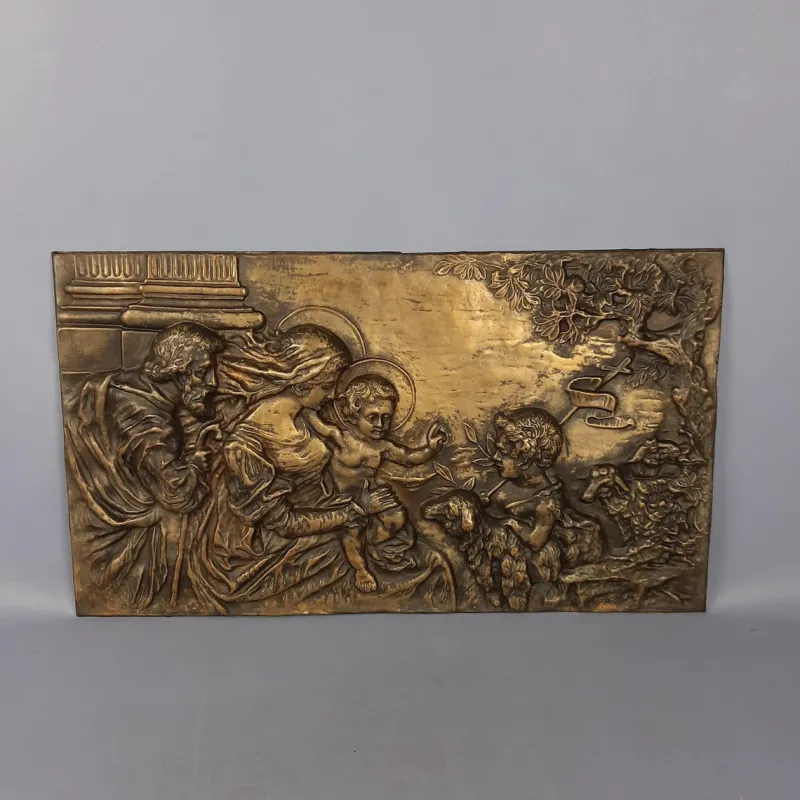 Clearance Pamono Brass and Embossed Sheet Metal High Relief Panel with Holy Family Painting, 1940s