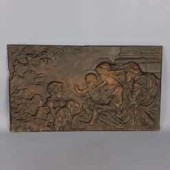 Clearance Pamono Brass and Embossed Sheet Metal High Relief Panel with Holy Family Painting, 1940s