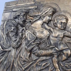 Clearance Pamono Brass and Embossed Sheet Metal High Relief Panel with Holy Family Painting, 1940s