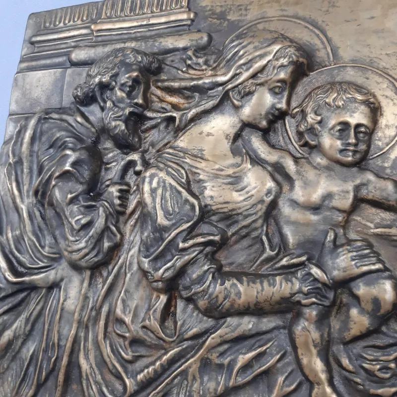 Clearance Pamono Brass and Embossed Sheet Metal High Relief Panel with Holy Family Painting, 1940s