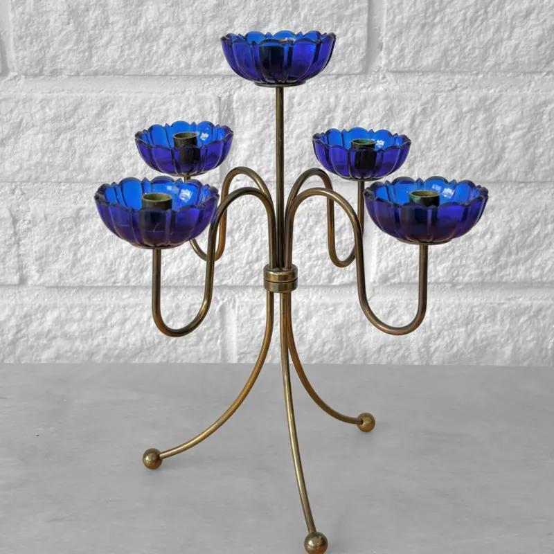 Pamono Brass and Glass Candelabra by Gunnar Ander for Ystad-Metall, Sweden, 1960s> Candleholders