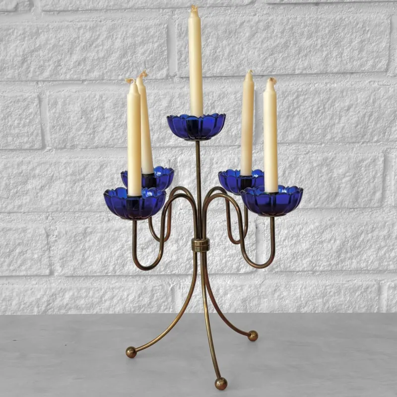 Pamono Brass and Glass Candelabra by Gunnar Ander for Ystad-Metall, Sweden, 1960s> Candleholders
