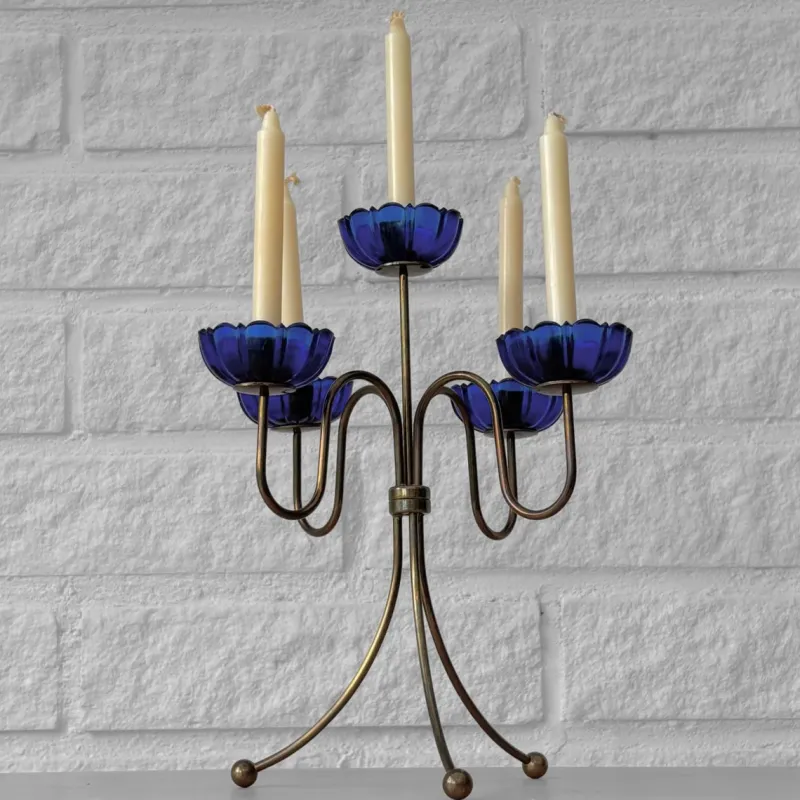 Pamono Brass and Glass Candelabra by Gunnar Ander for Ystad-Metall, Sweden, 1960s> Candleholders