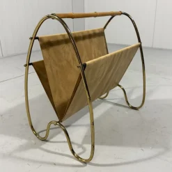 Sale Pamono Brass and Rattan Magazine Holder, 1950s
