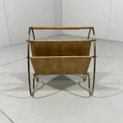 Sale Pamono Brass and Rattan Magazine Holder, 1950s
