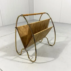 Sale Pamono Brass and Rattan Magazine Holder, 1950s