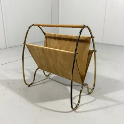 Sale Pamono Brass and Rattan Magazine Holder, 1950s