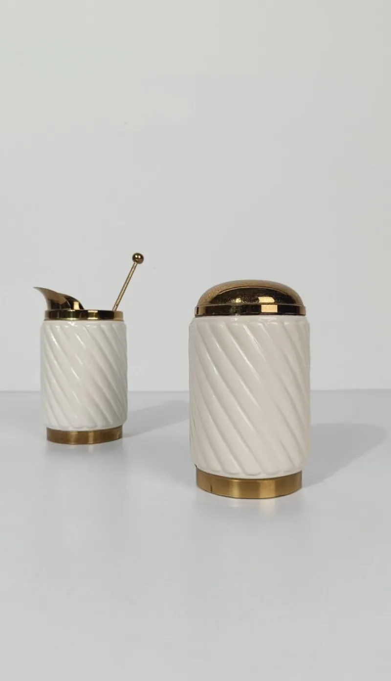 Pamono Brass and Ribbed Ivory Ceramic Cocktail Set in the style of Tommaso Barb, 1970s, Set of 3> Dinnerware Accessories