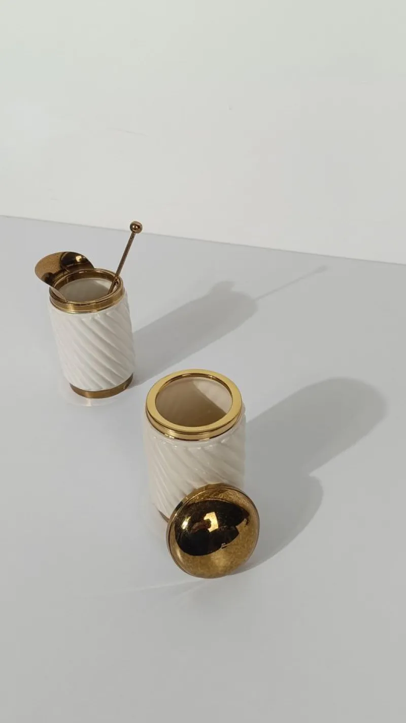 Pamono Brass and Ribbed Ivory Ceramic Cocktail Set in the style of Tommaso Barb, 1970s, Set of 3> Dinnerware Accessories