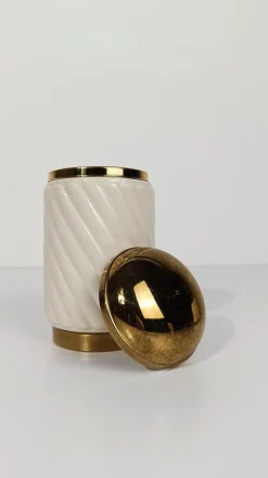 Pamono Brass and Ribbed Ivory Ceramic Cocktail Set in the style of Tommaso Barb, 1970s, Set of 3><noscript><img width=