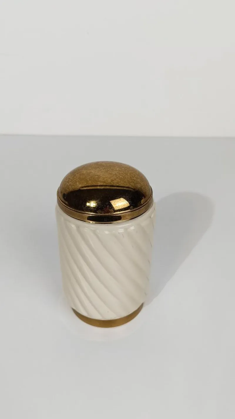 Pamono Brass and Ribbed Ivory Ceramic Cocktail Set in the style of Tommaso Barb, 1970s, Set of 3> Dinnerware Accessories