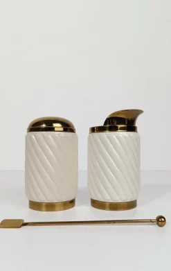 Pamono Brass and Ribbed Ivory Ceramic Cocktail Set in the style of Tommaso Barb, 1970s, Set of 3><noscript><img width=