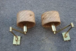 Pamono Brass and Straw Bedside Lamps, Italy, 1970s, Set of 2> Wall Lights & Sconces