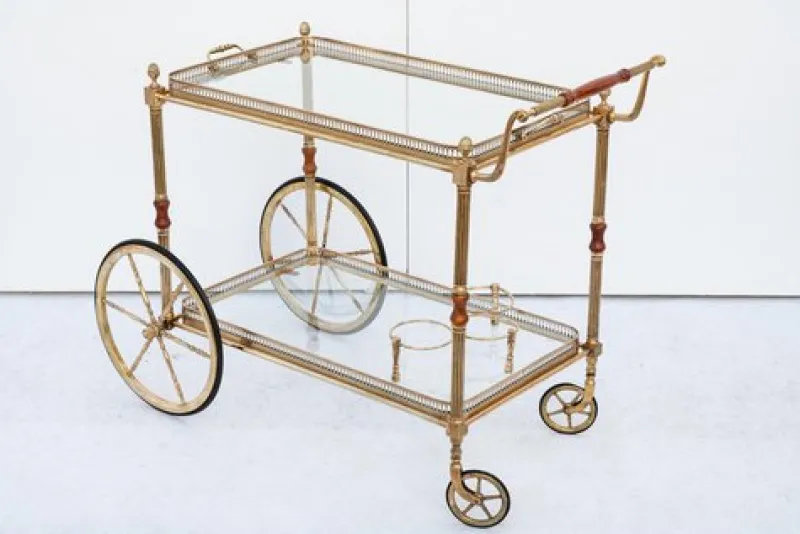 Pamono Brass Bar Cart with Glass Tops, France, 1950s> Serving Bar Carts & Trolleys