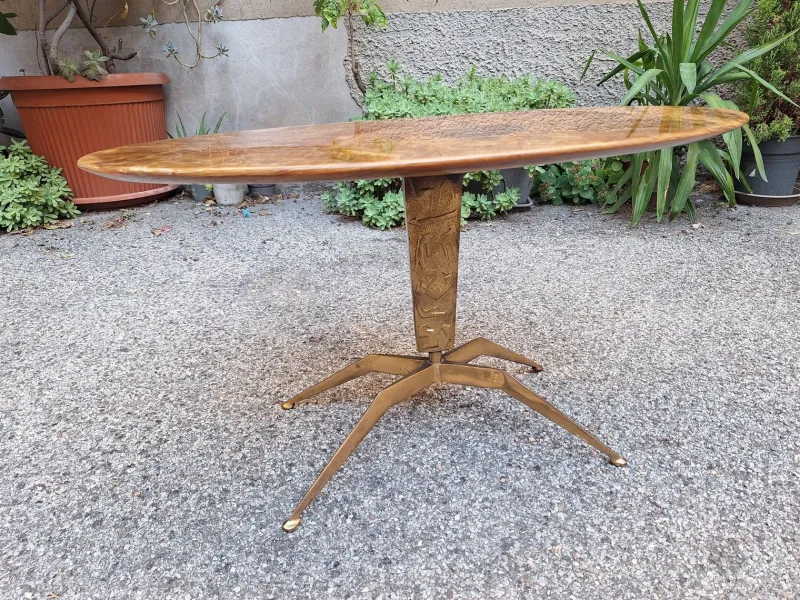 Pamono Brass Coffee Table with Oval Brown Marble Top, 1950s> Coffee & Side Tables