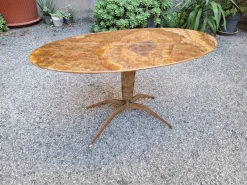 Pamono Brass Coffee Table with Oval Brown Marble Top, 1950s><noscript><img width=