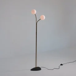 Pamono Brass Floor Lamp with Adjustable Arms and Opaline Glass Globes, 1950s> Floor Lamps