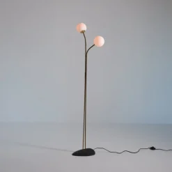 Pamono Brass Floor Lamp with Adjustable Arms and Opaline Glass Globes, 1950s><noscript><img width=