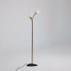 Pamono Brass Floor Lamp with Adjustable Arms and Opaline Glass Globes, 1950s><noscript><img width=