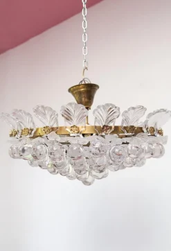 Pamono Brass Pendant Light with Crystal Balls and Leaves, 1960><noscript><img width=