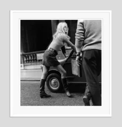Pamono Brigitte Bardot Mini Car Mini Skirt Silver Gelatin Resin Print Framed in White by Michael Webb> Mid-Century