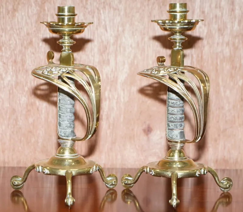 Pamono British Army Sword Handle Candlesticks from Benham & Froud VR, 1905, Set of 2> Candleholders