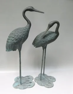 Pamono Bronze & Green Patinated Crane Sculptures, 1970s, Set of 2> Mid-Century