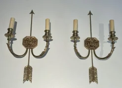 Pamono Bronze Arrow Wall Lights in the Effigy of the Sun King by Louis Gau, Set of 2