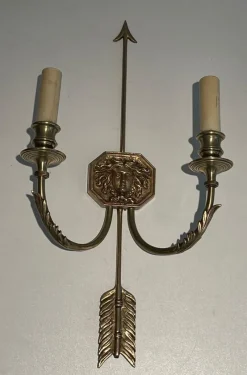 Pamono Bronze Arrow Wall Lights in the Effigy of the Sun King by Louis Gau, Set of 2