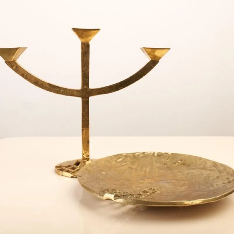 Pamono Brutalist Candleholder and Bowl in Brass, Set of 2> Candleholders