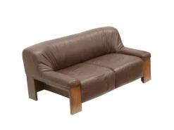 Sale Pamono Brutalist 2-Seater Sofa in Brown Leather with Wengé Wood Frame, 1970s