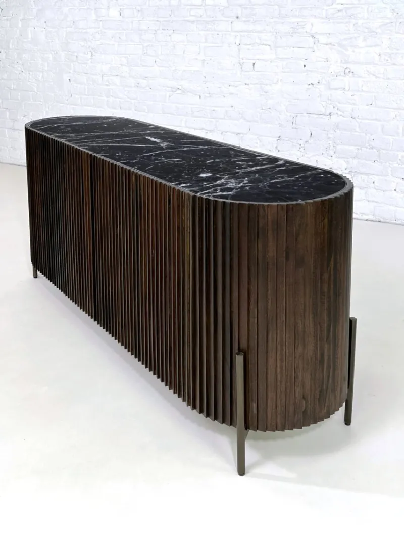 Pamono Brutalist Style Rounded Sideboard in Wood and Black Marble Top from Henri Paris
