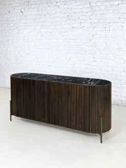 Pamono Brutalist Style Rounded Sideboard in Wood and Black Marble Top from Henri Paris