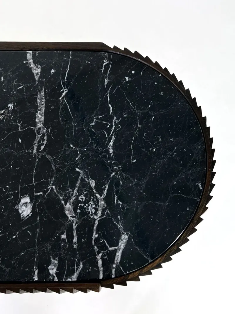 Pamono Brutalist Style Rounded Sideboard in Wood and Black Marble Top from Henri Paris