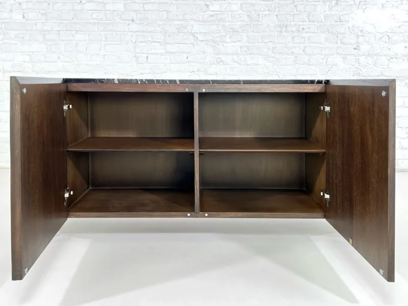 Pamono Brutalist Style Rounded Sideboard in Wood and Black Marble Top from Henri Paris