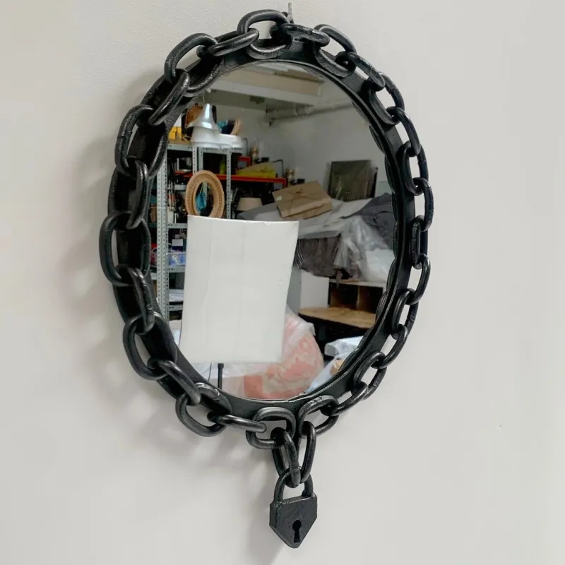 Pamono Brutalist Wrought Iron Chain and Padlock Wall Mirror, 1960> Mirrors