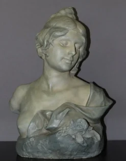 Pamono Bust of Young Woman in Ceramic with Blue-Green Patina by Léopold Bernard Bernstamm for Emile Muller, 1890s> Art Nouveau