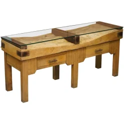 Pamono Butchers Table with Bronze Mounts and Glass Top, 1920s> Worktables & Workbenches