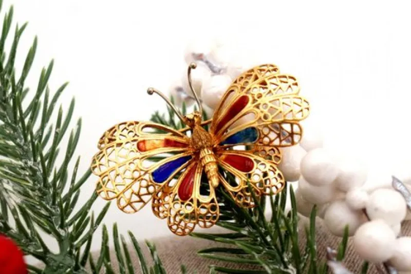 Clearance Pamono Butterfly Gold Brooch with Enameled