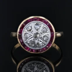 Pamono Calibrated Red Gems Diamonds 18 Karat Yellow Gold Round Ring, 1920s><noscript><img width=