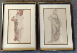 Pamono Camille Roche, Nudes from the Front and Back, 1920s-1940s, Watercolors, Set of 2> Art Deco
