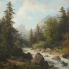 Pamono Carl Hasch, Mountain Landscape with Rapids, 1892, Oil on Canvas, Framed> Art Nouveau